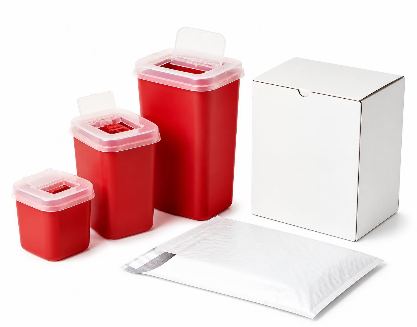 Sharps containers in three sizes with mail-back shipping packaging